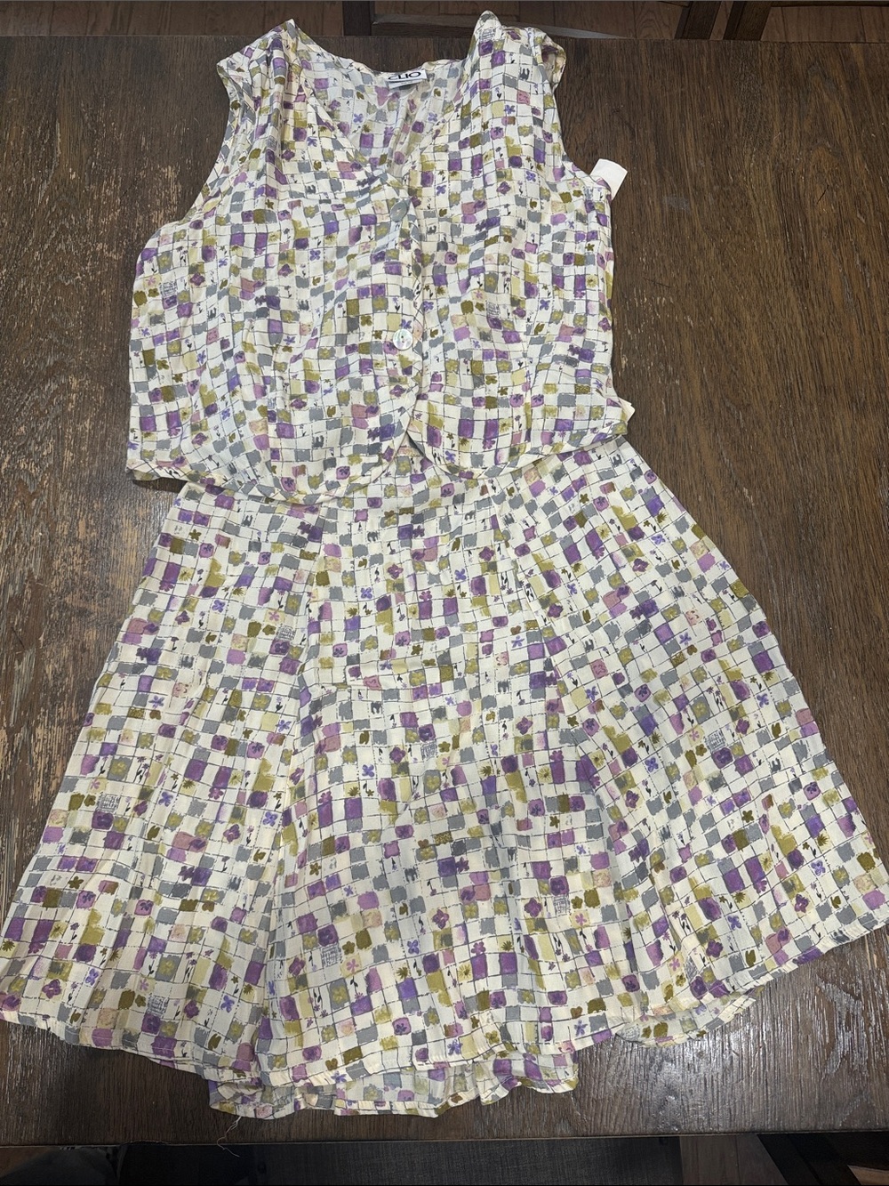 Clio Purple & Olive Checkered Sleeveless Skirt Set